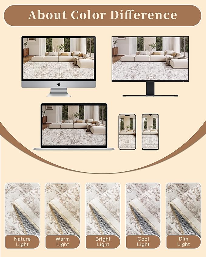 Madane 3x5 Area Rugs for Entryway,Washable Vintage Low Pile Non-Slip Throw Area Rugs, Accent Rug Floral Print Indoor Mat for Bedside Living Room Kitchen Bedroom, Brown/Ivory