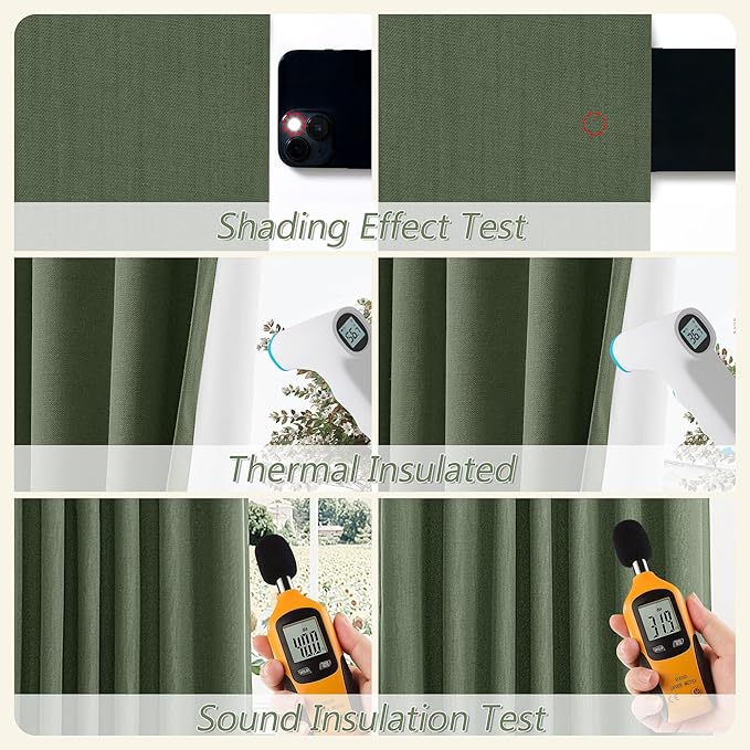 Guken Olive Green 100% Blackout Curtains 63 Inch Length 2 Panels Set for Living Room Bedroom Back Tab Thermal Insulated Black Out Linen Drapes Room Darkening Window Curtains 63 Inches Long