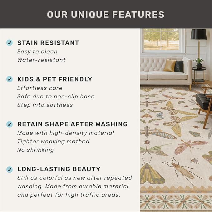 Floral 4x6 Rugs for Small Living Room - Beige and Yellow Pastel, Low Pile Non Slip Stain Resistant Throw Rug for Under Bed, Large Entryway, Kitchen, Floor Carpet Aesthetic Kids