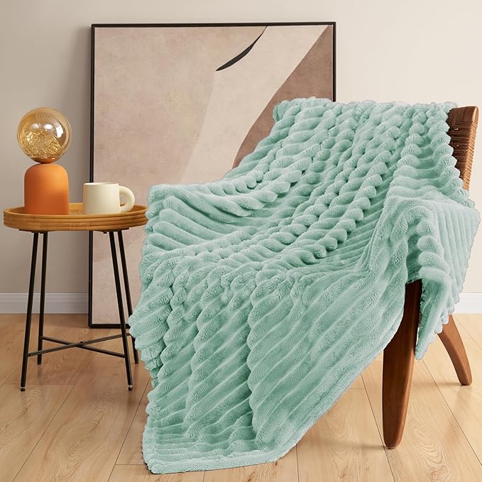 HIMEET Sage Green Ribbed Twin Blanket for Bed - 300GSM Lightweight Soft Fleece Blanket for Women, Blankets Graduation Birthday Gifts, Striped Spring Home School Dorm Decor, Sage Green, 60x80 Inches