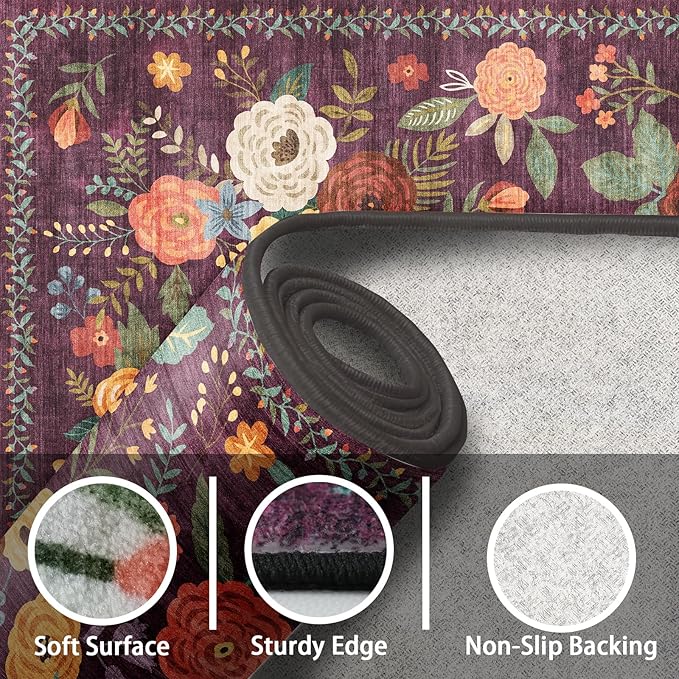 Floral Washable 6x9 Area Rugs, Soft Bedroom Rug for Living Room Ultra-Thin Non Slip Dining Room Rug, Stain Resistant Rugs Easy Clean Throw Carpet for Office(6 x 9, Purple)