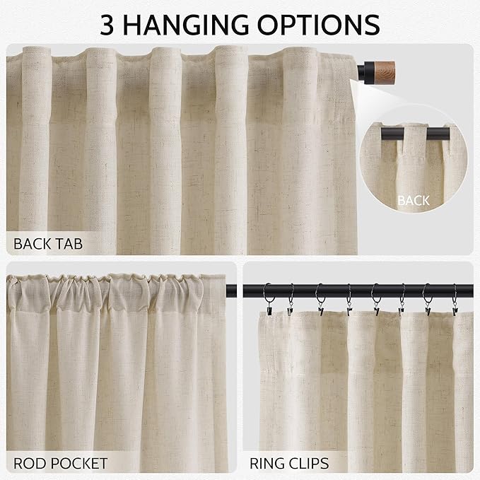 Nanspring Eclectic Home Decor Linen Curtains 96 Inches Long for Living Room Boho Luxury Light Filtering Semi Sheer Curtain Back Tab Modern Privacy Drapes for Bedroom Office 52x96, 2 Panels