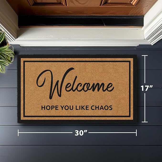Barnyard Designs Natural Coco Coir Heavy Duty Backing Doormat - Large Cute Non-Slip Front Door Welcome Mat for Outside Entrance or Porch Entry, Brown (17x30, Chaos)