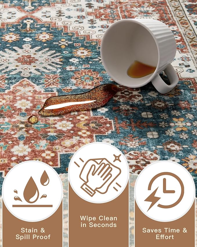 Madane 5x7 Area Rugs for Living Room, Stain Resistant Washable Rugs, Non-Slip Backing Area Rug, Vintage Home Decor Rug for Bedroom (Navy Blue, 5'x7')