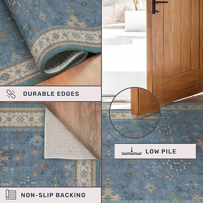 5x8 Rug for Living Room, Boho Eclectic Area Rugs Blue Modern Low-Pile Carpet for Bedroom, Dining Table, Nursery, Washable Non-Slip with Rubber Back
