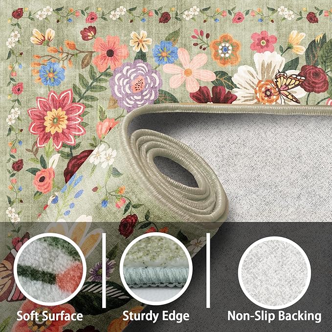 Area rugs 24x17 Inch Home Decor Entry Rug Green, Small Door Mat Bath Mats for Bathroom, Ultra-Thin Non Slip Floral Low Pile Tub Mat for Sink Shower Doorway Tub Kitchen Sink(2 x 1.4 ft, Green Garden)