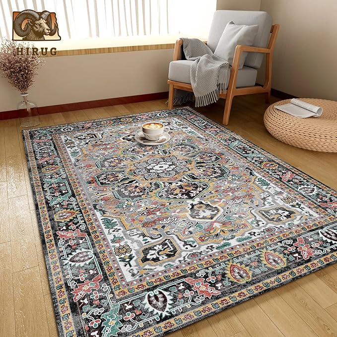Washable Area Rug 4' x 6' Vintage Traditional Persian Mat - Foldable Distressed Non-Slip Machine Washable Carpet for Living Room Bedroom Kitchen Home Decor - Slate and Multicolor