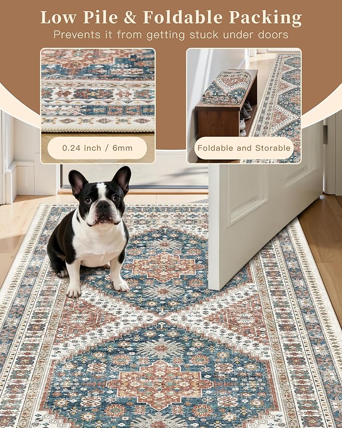 Madane Hallway Runner Rug 2'6''x10' Kitchen Runner, Non Slip Vintage Runners for Hallways Washable Kitchen Rugs Soft Low Pile 2.5x10 ft Rug Runner for Laundry Room, Entryway and Bedroom, Navy Blue