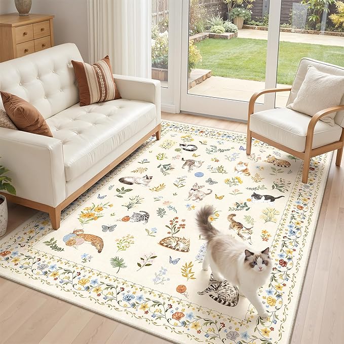 Cat 3x5 Area Rugs for Entryway, Machine Washable Animal Floral Accent Rug Non-Slip Low Pile Soft Throw Rugs for Kitchen Bedside Living Room Bedroom Kids Room (3 x 5,Beige)
