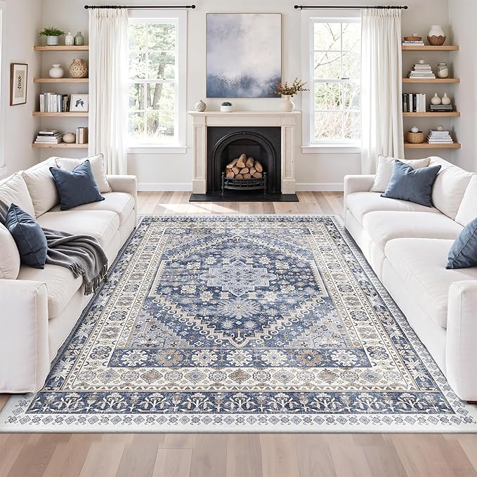 zesthome 7x9 Area Rug, Super Soft Washable Rugs for Living Room, Non-Slip Stain Resistant Vintage Rugs, Ultra-Thin Large Area Rugs (Blue/Beige,7'x9')