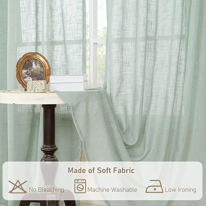 LAMIT Small Window Linen Curtains 45 Inch Length, Light Filtering Panels Back Tab and Rod Pocket Neutral Drapes for Cafe/Bathroom/Loft Room, Light Sage, 2 Panels, 34 x 45 Inch