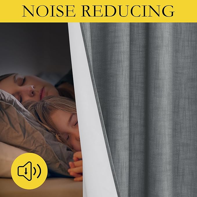 NICETOWN Vintage Open Linen Weave Flax Thermal Curtains, Dove Grey, 34" Wide Per Panel, Set of 2, 100% Blackout Curtains 60" Long for Dining Room, Soundproof Window Treatment Drapes for Cupboard