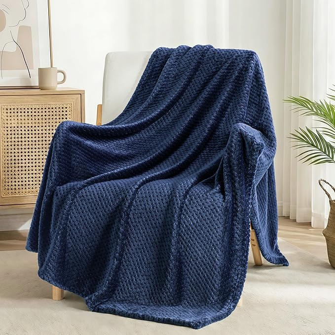 Exclusivo Mezcla Fleece Bed Blanket Twin Size, Super Soft and Warm Blankets for Couch, Sofa and Bed Waffle Textured, Cozy, Fuzzy and Lightweight (Navy Blue, 60x80 inches)