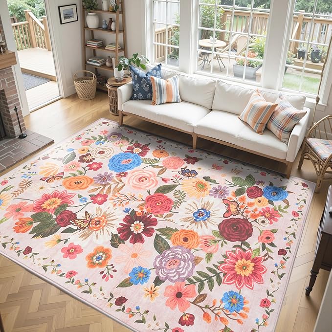 Pink/Beige Floral Washable 6x9 Area Rugs, Soft Bedroom Rug for Living Room Ultra-Thin Non Slip Dining Room Rug, Stain Resistant Rugs Easy Clean Throw Carpet for Office(Beige/Pink Garden, 6 x 9)