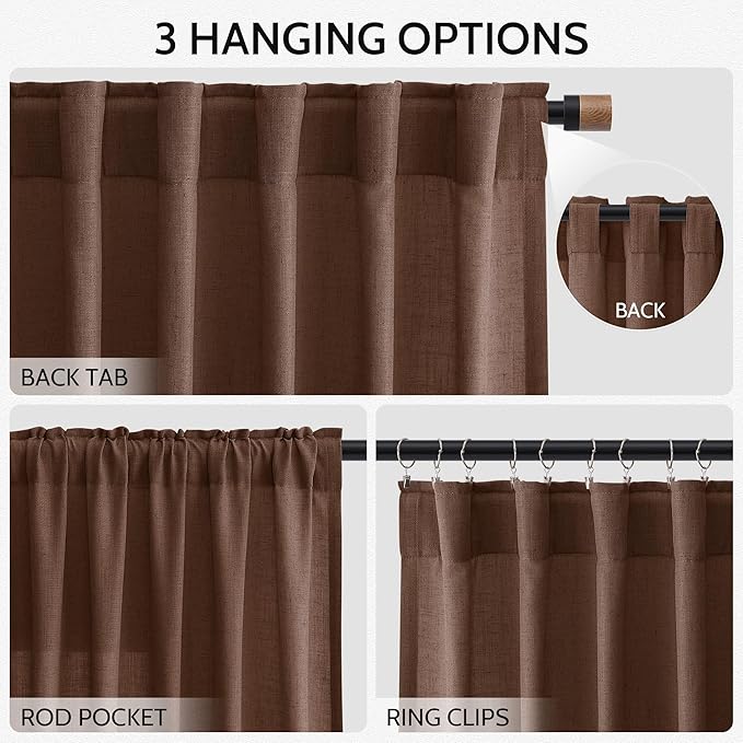 Nanspring Mocha Brown Curtains 84 Inches Long for Living Room Back Tab Linen Luxury Light Filtering Privacy Semi Sheer Curtain Farmhouse Decor Boho Textured Drapes for Bedroom 52x84 Inch,2 Panels