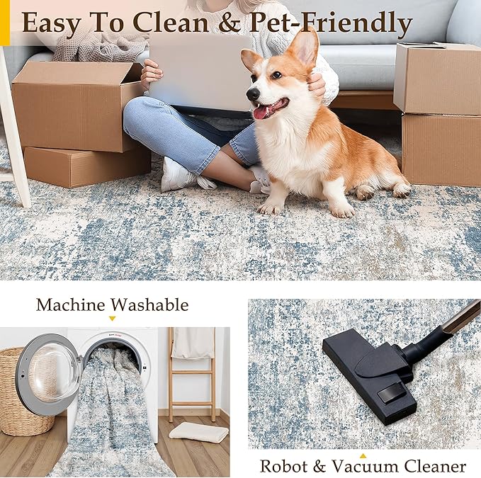 Blue 2x6 Runner Rug Washablel Abstract Hallway Carpet Modern Neutral Non Slip Soft Carpet Low Pile Contemporary Aesthetic Long Rug for Bathroom Laundry Kitchen Bedroom