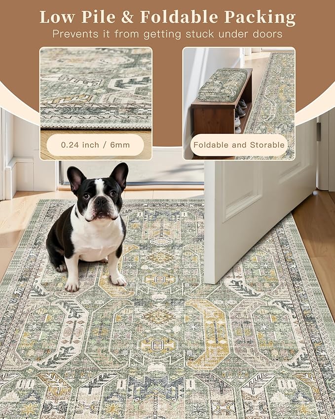 Madane Runner Rug 2'6''x8' Kitchen Runner, Hallway Runner Printed Vintage Washable Rugs Soft Non-Slip Low Pile 2.5x8 ft Runners for Hallways Laundry Room Rug Distressed Rug, Green/Gold