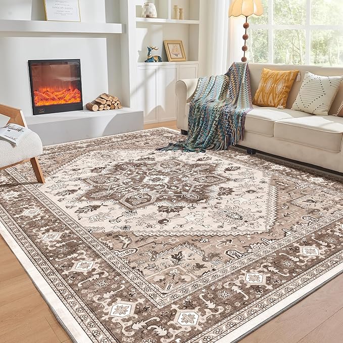 OPPODREAM Soft 10x14 Area Rugs, Washable Rugs 10x14 with Non Slip Backing, Low-Pile Faux Cashmere 10 x 14 Carpet, Khaki
