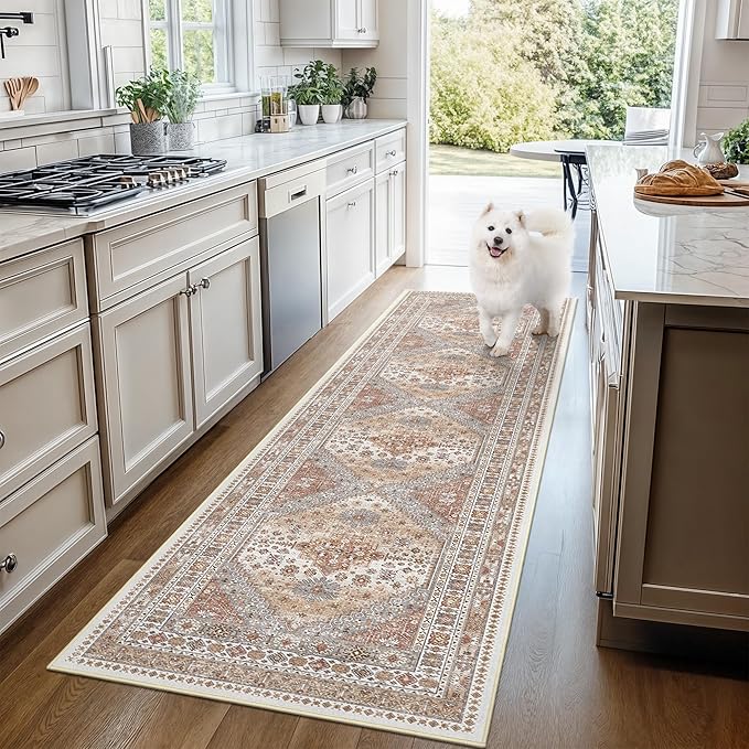 2x5 Rug Runner Washable for Entryway, Soft Bathroom Rugs with Non-Slip Backing,Vintage Low Pile Stair Runner, Small Kitchen Carpet for Hallways, Laundry Room(Orange,2'x5')