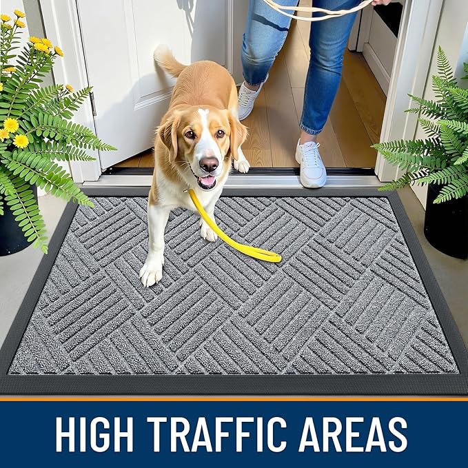 OLANLY Front Door Mat Outside Entrance 35x23, Absorbent, Heavy Duty Sturdy Natural Rubber Doormat Indoor Outdoor, Stain Fade Resistant, Non-Slip Low Profile Floor Mat Entryway, Charcoal Gray Diamond