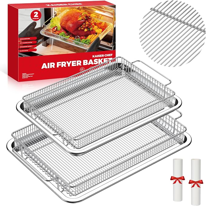 Air Fryer Basket for Oven, 2 Set Stainless Steel Crisper Tray Set, 360° Air by Kaiserchef