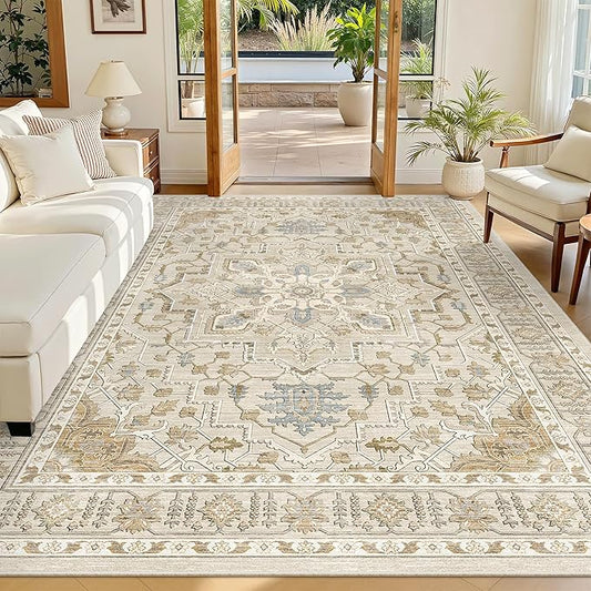Madane 6x9 Area Rugs for Living Room, Stain Resistant Washable Rugs, Non-Slip Backing Area Rug, Vintage Home Decor Rug for Bedroom (Beige/Blue, 6'x9')