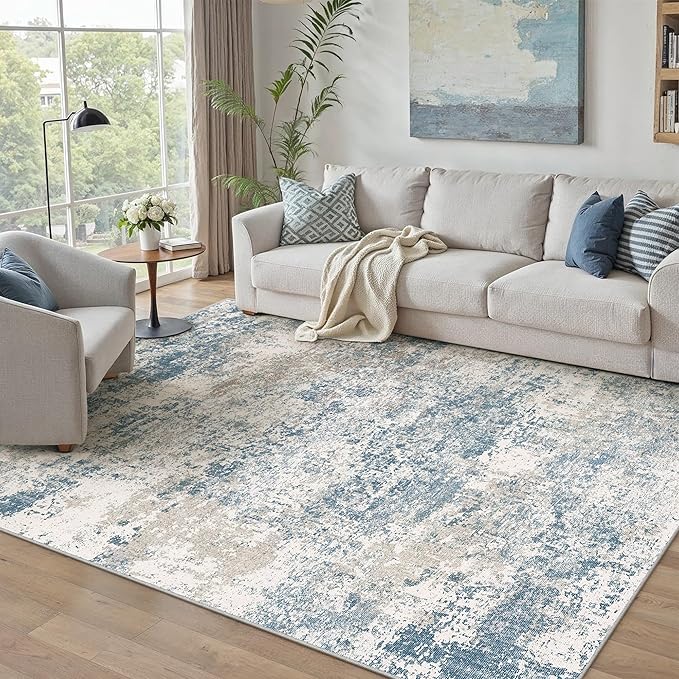 PureCozy Blue 8x10 Area Rug Washable Modern Abstract Living Room Carpet Non Slip Neutral Low Pile Soft Contemporary Aesthetic Bedroom Large Rug Indoor Office Dining Room Playroom
