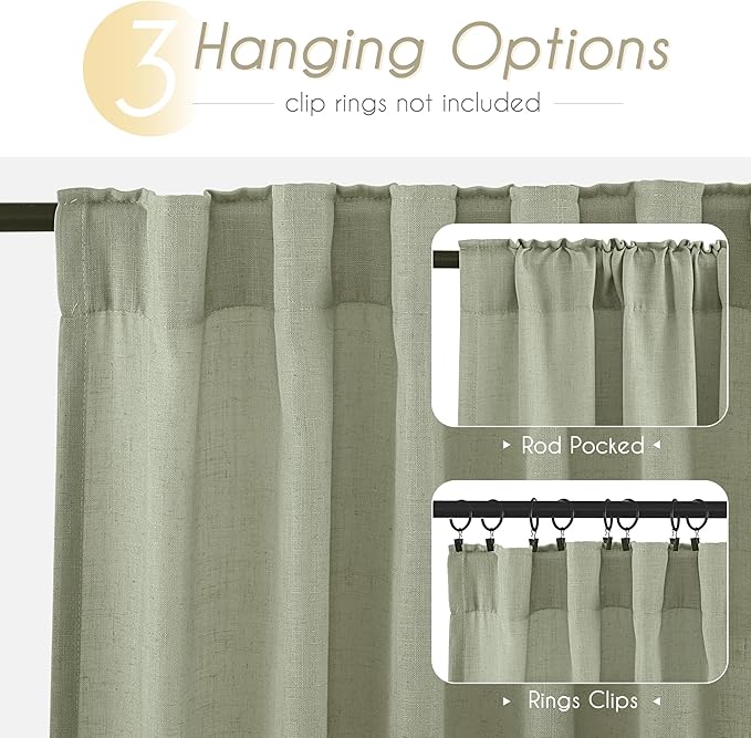 Linen Blend Sage Green Curtains 120 inch Length 2 Panels for Bedroom Back Tab Light Filtering Semi Sheer Drapes Linen Cotton Textured Light Green Airy Modern Farmhouse Living Room Sage Aesthetic Decor