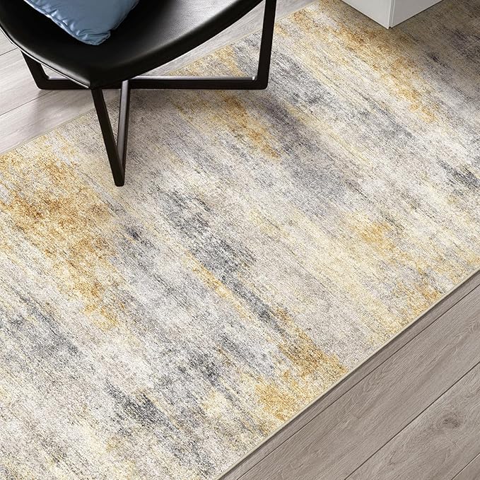 4x8 Washable Kitchen Runner Rug: Modern Abstract Wide Runners for Hallway Soft Non Slip Rugs with Rubber Backing Low Pile Thin Carpet for Entryway Bedroom Bathroom Laundry Indoor(Grey/Yellow,4x8)