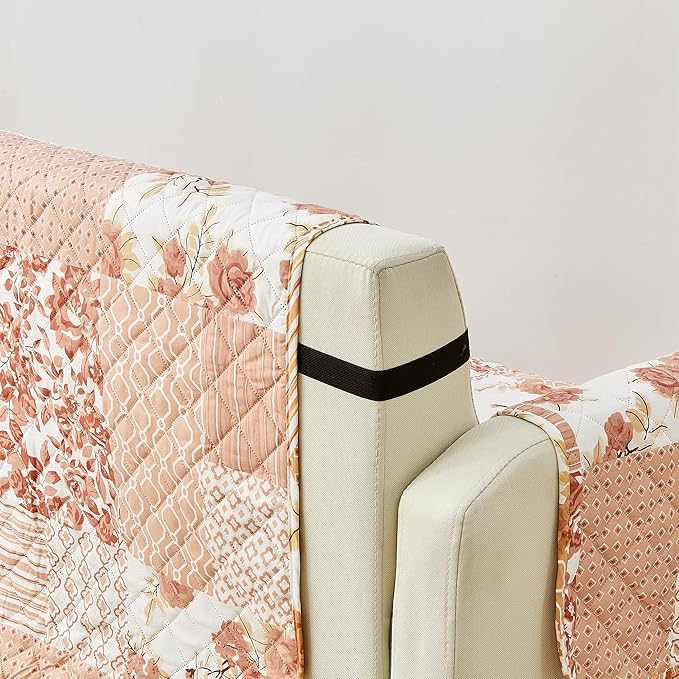 Great Bay Home Reversible Patchwork Loveseat Cover - Washable Slipcover Furniture Protector with Elastic Straps - Perfect for Kids & Pets - Box-Stitched Detail (Dusty Rose)