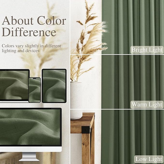 Nanspring Olive Green Linen Curtains for Living Room 2 Panels Set 80 Inch Length Back Tab Light Filtering Semi Sheer Curtain Drapes for Bedroom 52x80