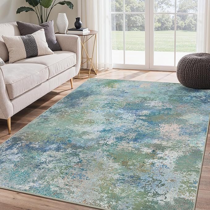 BEIMO Area Rugs 10x14 for Living Room Bedroom, Modern Abstract Machine Washable Rug, Large Soft Low Pile Floor Carpet with Non Slip Backing for Dining Room, Blue Green