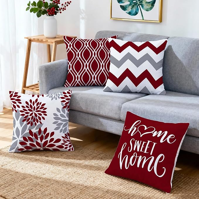 Hexagram Geometric Burgundy Pillow Covers 16x16 Set of 4, Decorative Outdoor Boho Modern Throw Pillow Covers, Home Sweet Home Farmhouse Cushion Case for Couch Sofa Bedroom Indoor Decor(No Insert)