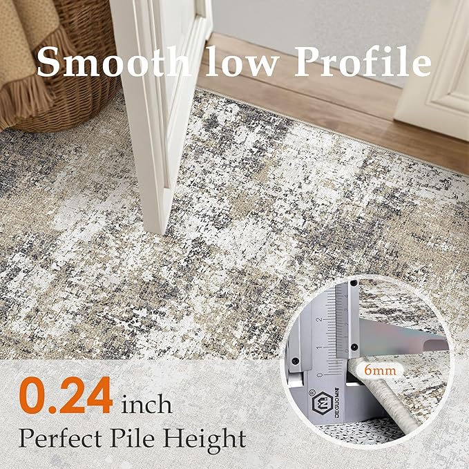 PureCozy 4x6 Abstract Area Rug Brown Washable Modern Neutral Office Carpet Non Slip Ultra Soft Indoor Entry Low Pile Small Door Mat Bedroom Contemporary Throw Rug for Kitchen Laundry Dinging Room