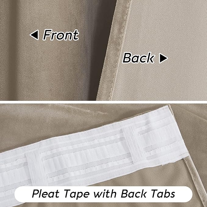 RYB HOME Camel Beige Velvet Curtains 63 inches Length with Hook Tape, Thermal Insulated Privacy Protect Decorative Drapes for Bathroom Window, W 42 x L 63 inches, 2 Panels Set