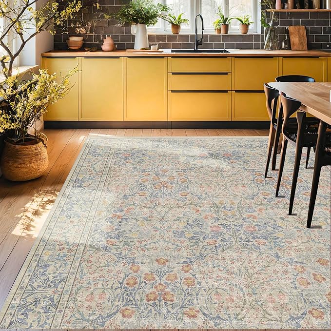 7x10 Washable Rug for Living Room - Stain Resistant Dining Room Rugs for Under Table, Soft Low Pile Large Carpet for Bedroom - Vintage Floral Non-Slip (Beige Blue)
