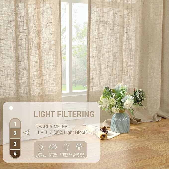 LAMIT Light Filtering Linen Curtains 78 inch for Bedroom, Faux Linen Textured Semi Sheer Back Tab and Rod Pocket Boho Modern Drapes for Living Room/Farmhouse, Brown, 2 Panels, 52 x 78 Inch