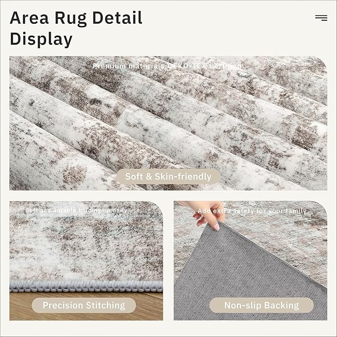 Abstract Rug 8x10 Large Living Room Rugs Neutral Modern Washable Area Rugs for Bedroom Dining Room Non-Slip Stain Resistant Foldable Thin Rug Grey Pink
