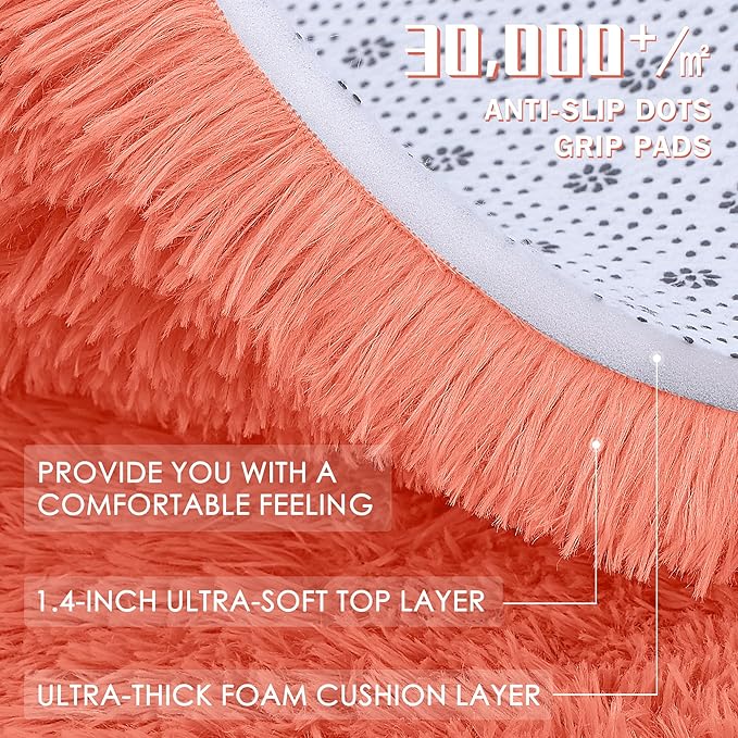 OLANLY Coral Red Round Rugs for Bedroom - Machine Washable, 3 ft Circle Area Rugs for Living Room, Soft and Fluffy Shaggy Carpet for Teen Girl and Boys, Nursery Rooms, Dorms, Home Decor Aesthetic