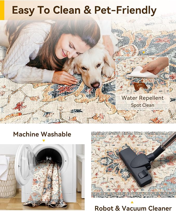 Area Rugs 7'x9' Washable Non-Slip, Floral Vintage Distress Print Pattern Medallion Carpet for Living Room Bedroom Dining Room, Beige Navy Blue Orange Colorful