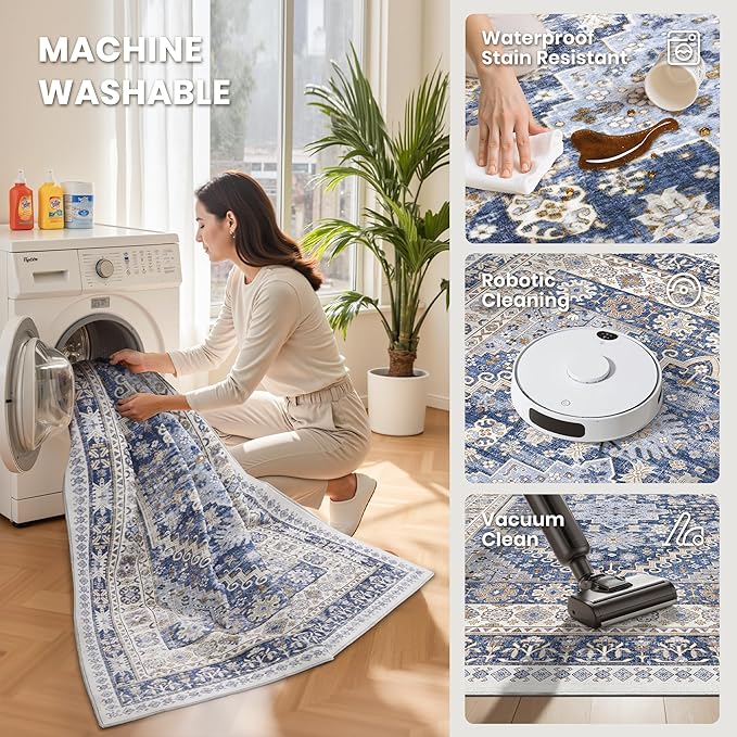 zesthome Washable Runner Rug 2.5x12 - Stain Resistant Entryway Rug,Ultra-Thin Kitchen Rugs, Anti Slip Backing Runner Rugs for Entrance Laundry Room Indoor Hallway (Blue/Beige,2.5'x12')