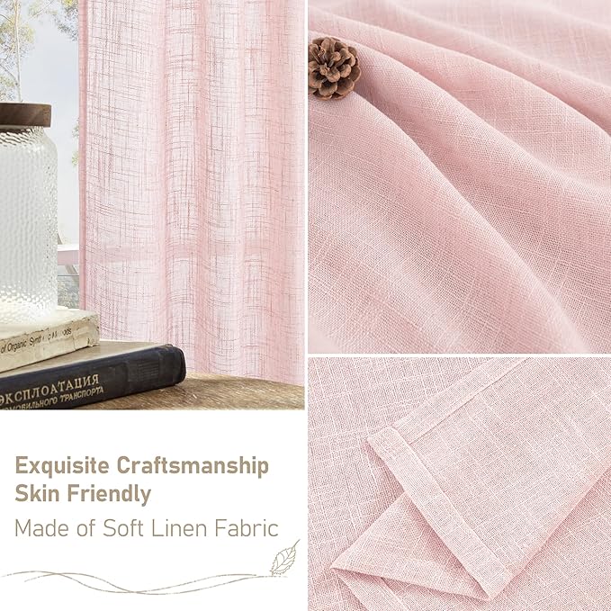 LAMIT Linen Curtains 48 Inch Length 2 Panels, Light Filtering Panels Back Tab and Rod Pocket Neutral Drapes for Kitchen/Window/Kids Room/Bedroom, 34 x 48 Inch Pink