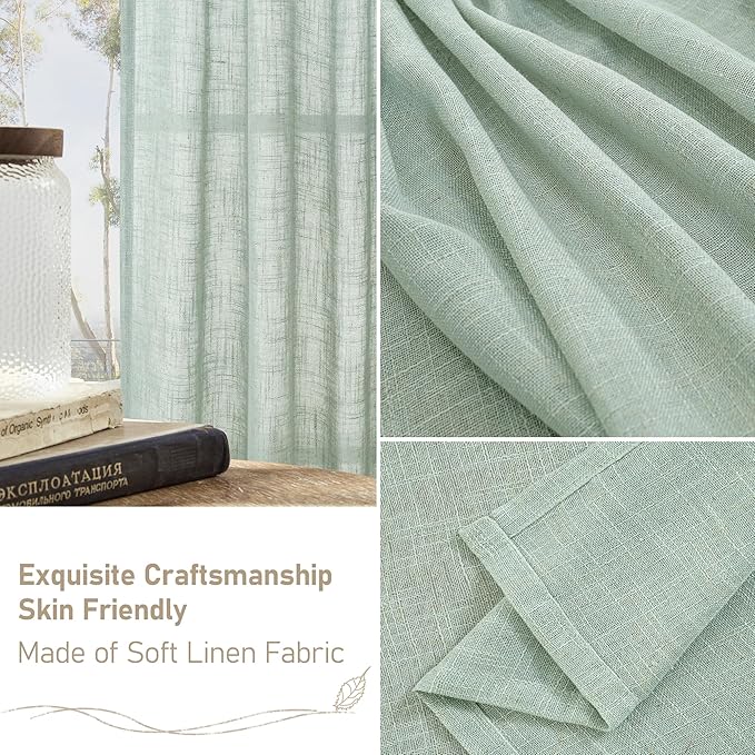 LAMIT 63 Inch Semi Sheer Linen Curtains, Light Filtering Panels Back Tab and Rod Pocket Neutral Drapes for Bedroom/Living Room, Light Sage, 2 Panels, 34 x 63 Inch