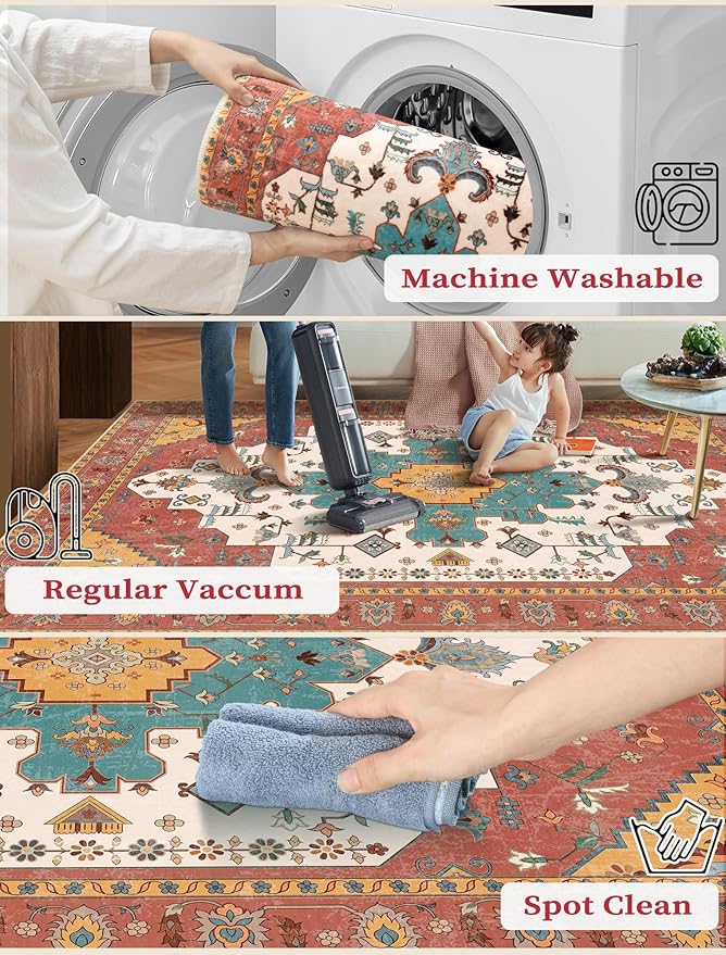SERISSA Boho Washable Runner Rug, 2x5 Rug Non-Slip Vintage Orange Hallway Kitchen Runner Rug Ultra Soft Print Distressed Floor Carpet for Bedroom Bathroom Laundry Living Room