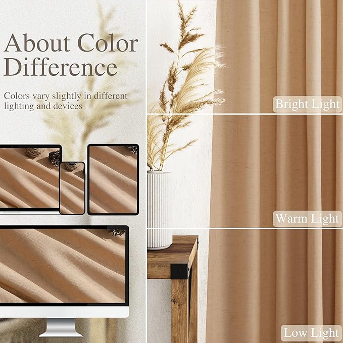 Camel Linen Curtains 90 Inch Length 2 Panels Set for Living Room Rod Pocket Back Tab Window Drapes Light Filtering Elegant Farmhouse Curtain 90 Inches Long for Dining Room Bedroom Nursery 52x90