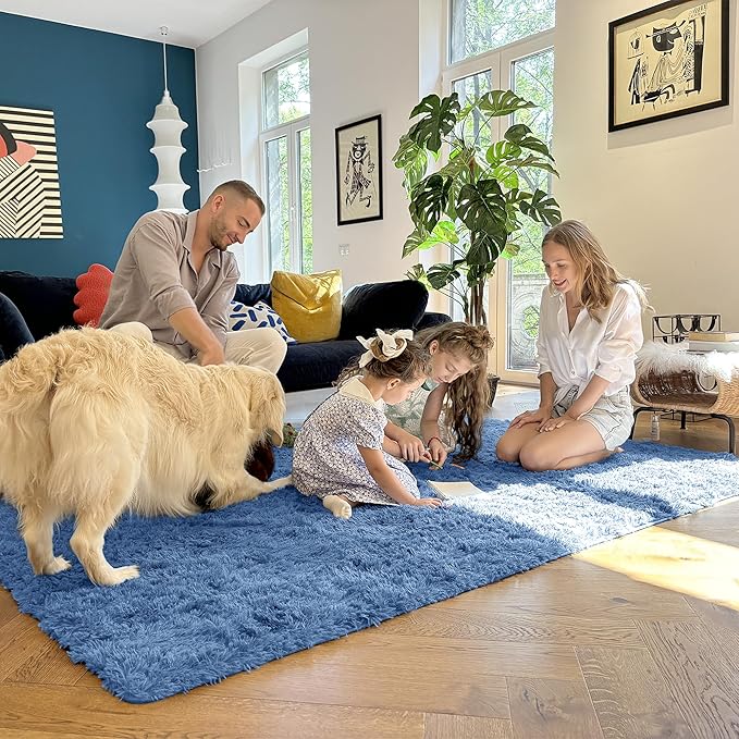 OLANLY 2x5 Machine Washable Runner Rugs for Hallway, Soft Fluffy Shaggy Bedside Rugs for Bedroom, Living Room, Indoor Floor Carpet for Kids Girls and Boys, Home Decor Aesthetic, Blue