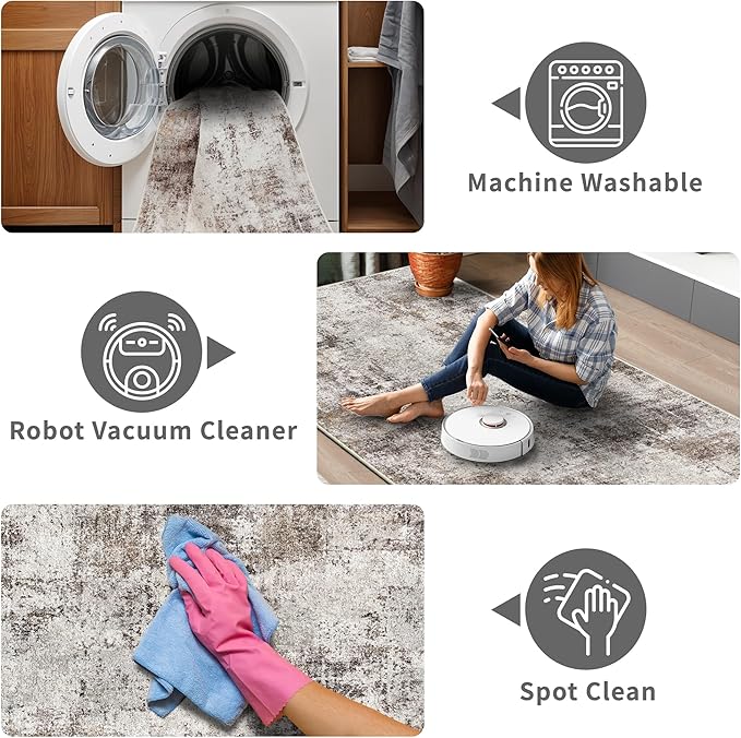 3x12 Washable Hallway Runner Rug: Non Slip Carpet Runners Easy-to-Clean - Soft Living Room Bedroom Kitchen Rugs - Thin Low Pile Printed Floor Mat for Dining Room Neutral Beige Brown