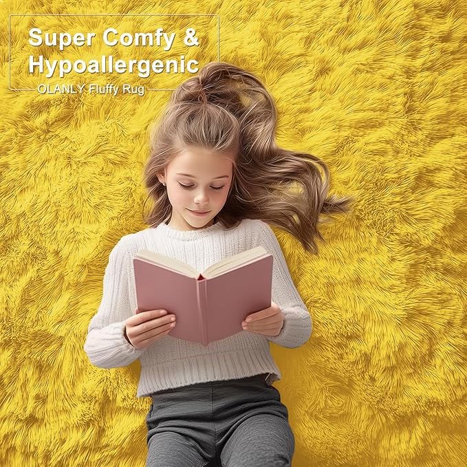 OLANLY 9x12 Machine Washable Large Area Rugs for Living Room, Bedroom, Soft Fluffy Shaggy Bedside Rug, Indoor Floor Carpet for Kids Girls and Boys, Dorms, Nursery, Home Decor Aesthetic, Yellow