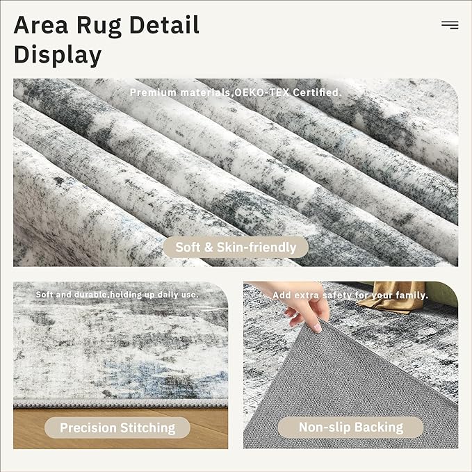 Abstract Rug 8x10 Large Living Room Rugs Neutral Modern Washable Area Rugs for Bedroom Dining Room Non-Slip Stain Resistant Foldable Thin Rug Gray Blue