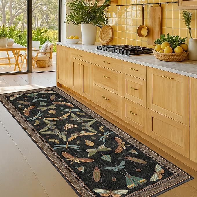 Black Insect 2'6"x8' Washable Non Slip Runner Rugs for Hallways, Non Skid Stain Resistant Rug Runners for Kitchen, Entryway, Mudroom -, Dark Floral Boho Cottagecore Home Decor